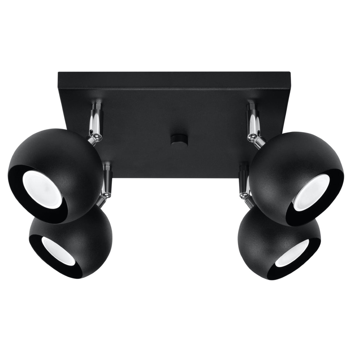 Plafonnier carré Oculare 4 boules métal noir sur platine de 25 cm vue de face