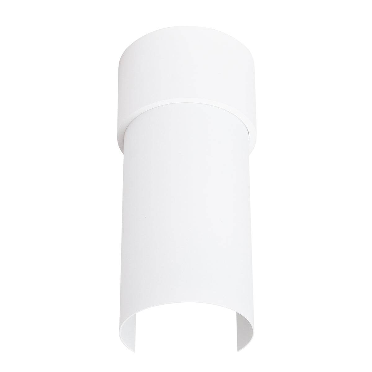 Plafonnier cylindre Flash en acier blanc mat vu de face avec sa manche enroulée ouverte en bas