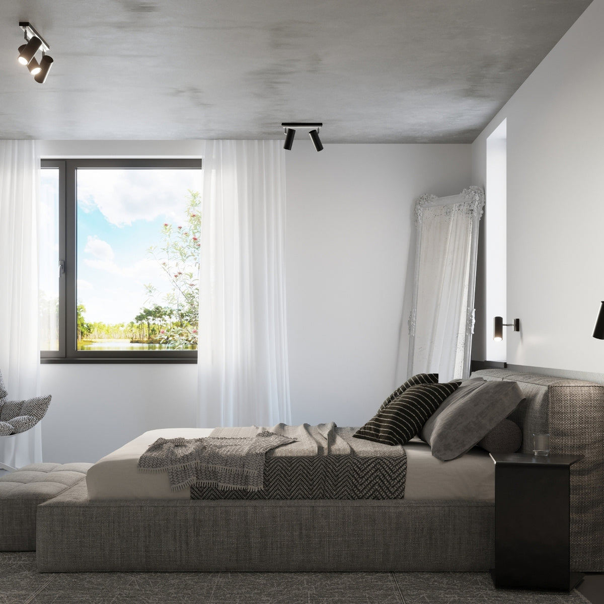 Chambre sous un plafond en béton avec un plafonnier Direzione 2 spots métal noir au centre un Direzione 3 spots et une applique Direzione