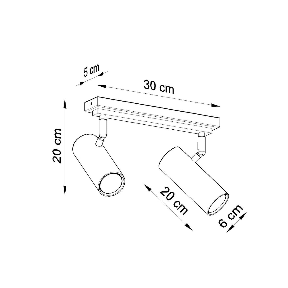 Schéma coté plafonnier Direzione 2 spots barre 30 x 5 cm hauteur 20 cm tubes de 6 cm sur 20 cm