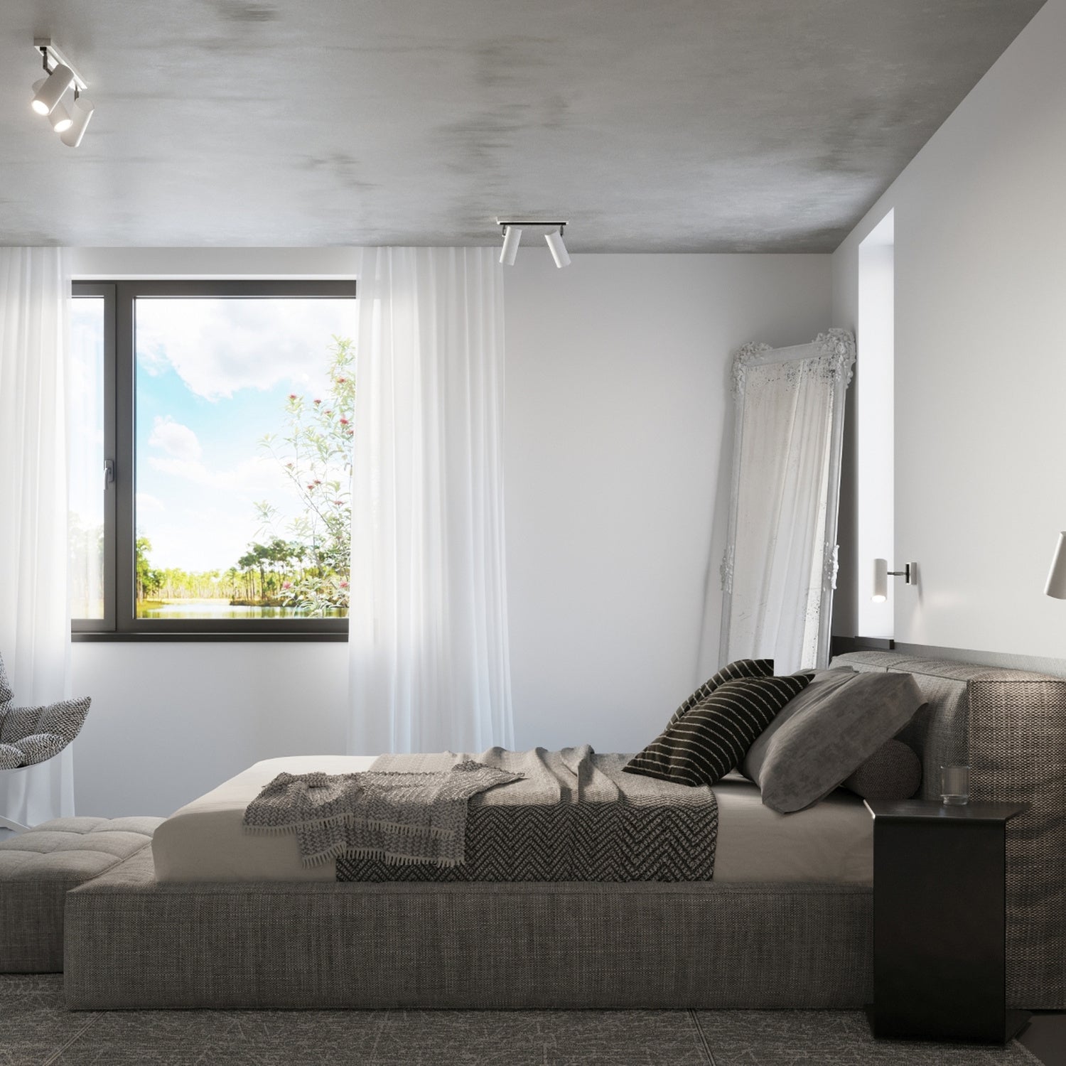 Plafonnier Direzione 3 spots blanc en situation au plafond d'un intérieur moderne