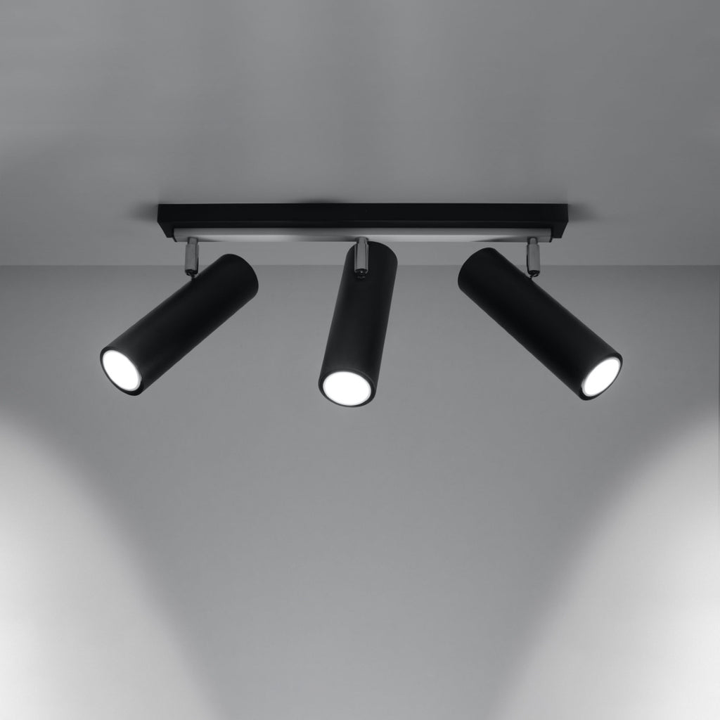 Plafonnier Direzione 3 spots acier noir allumé, faisceaux orientables