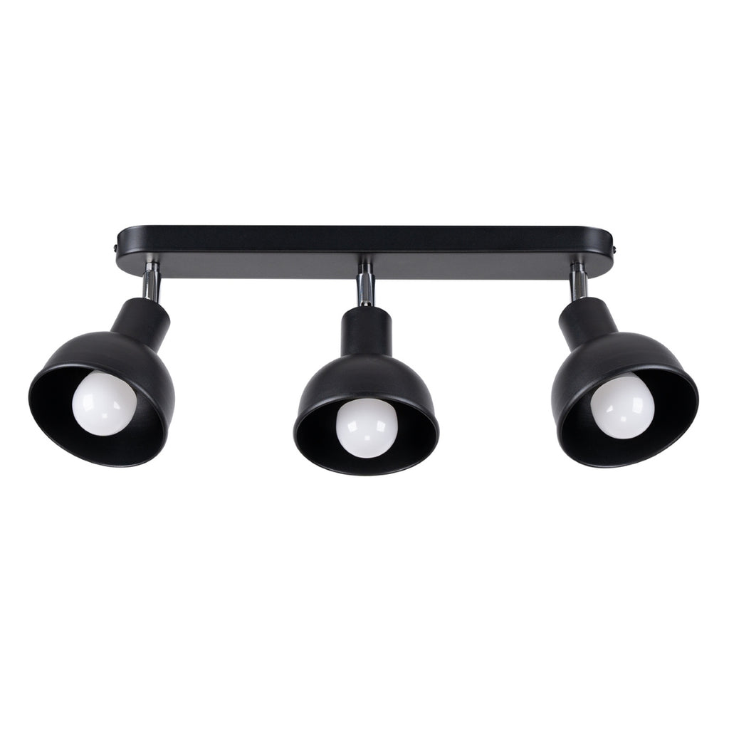 Plafonnier Elba 3 métal noir E27, trois abat-jours cloche en acier noir orientables sur une barre, ampoules E27