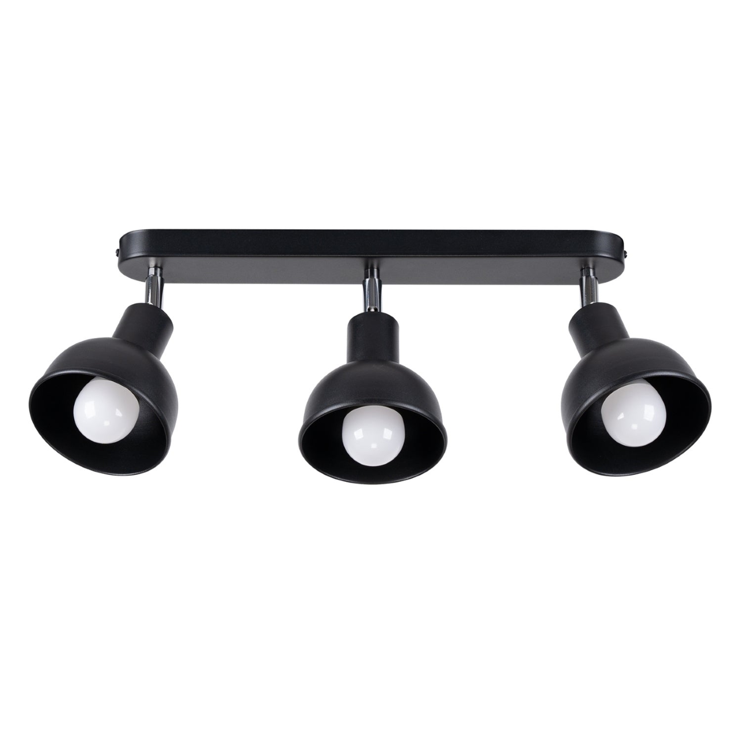 Plafonnier Elba 3 métal noir E27, trois abat-jours cloche en acier noir orientables sur une barre, ampoules E27