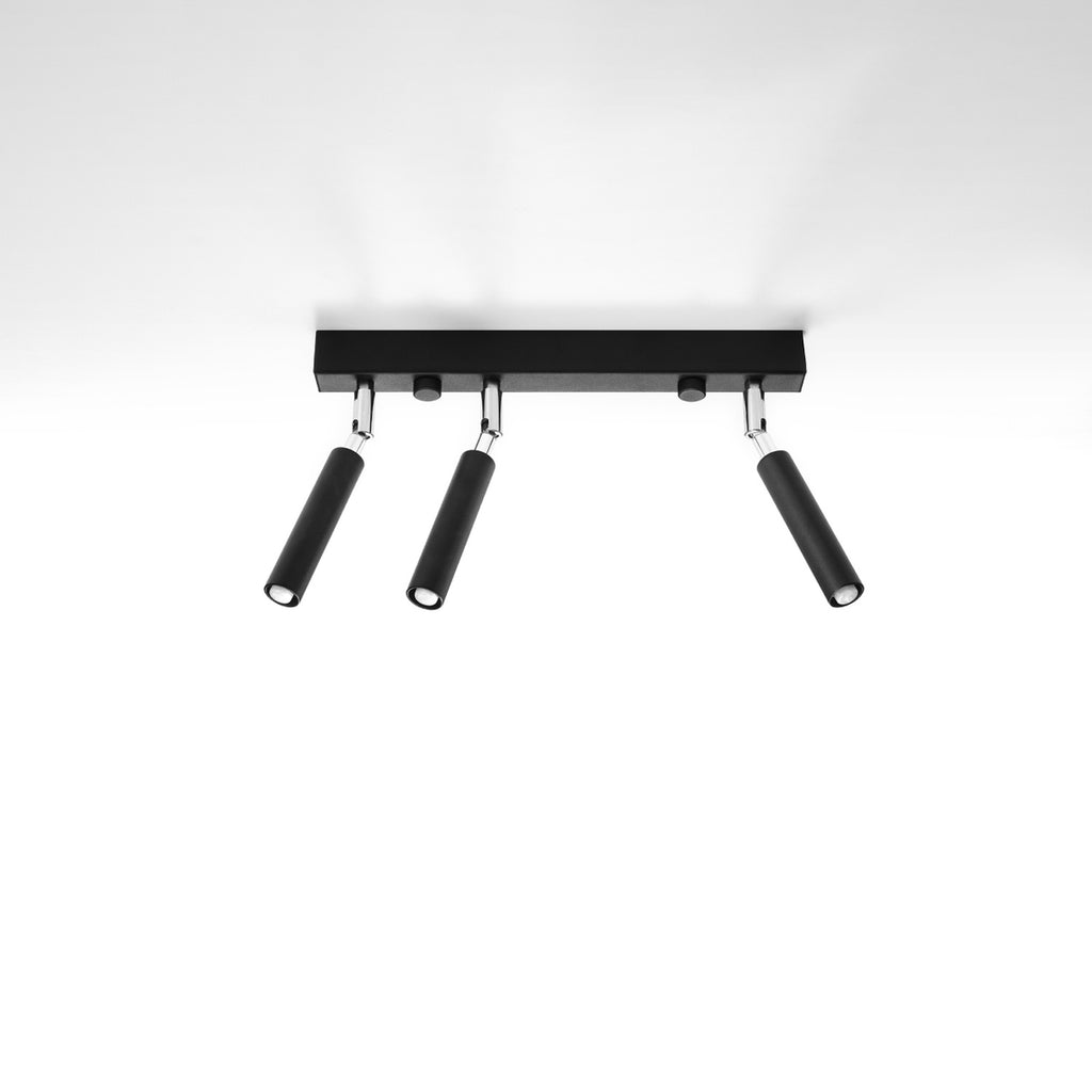 Plafonnier Eyetech 3 noir, détail de la rotule chromée et du tube