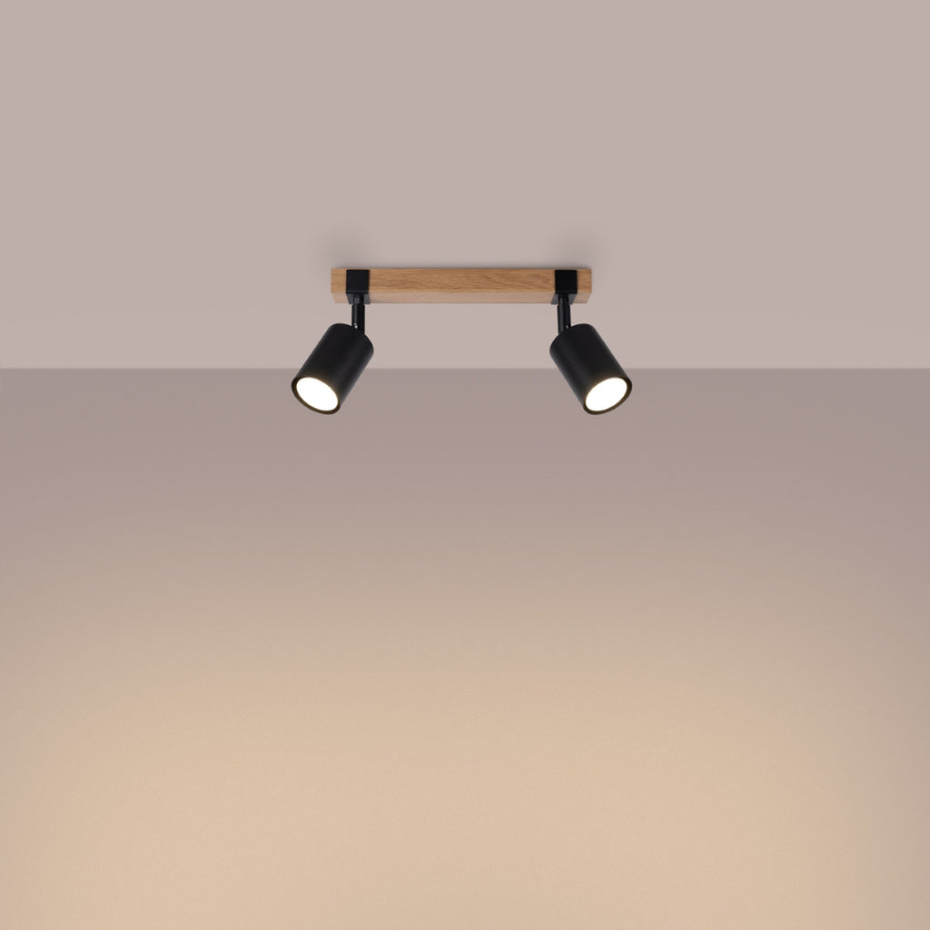 Plafonnier Fager 2 bois et acier noir GU10 allumée, faisceau orientable