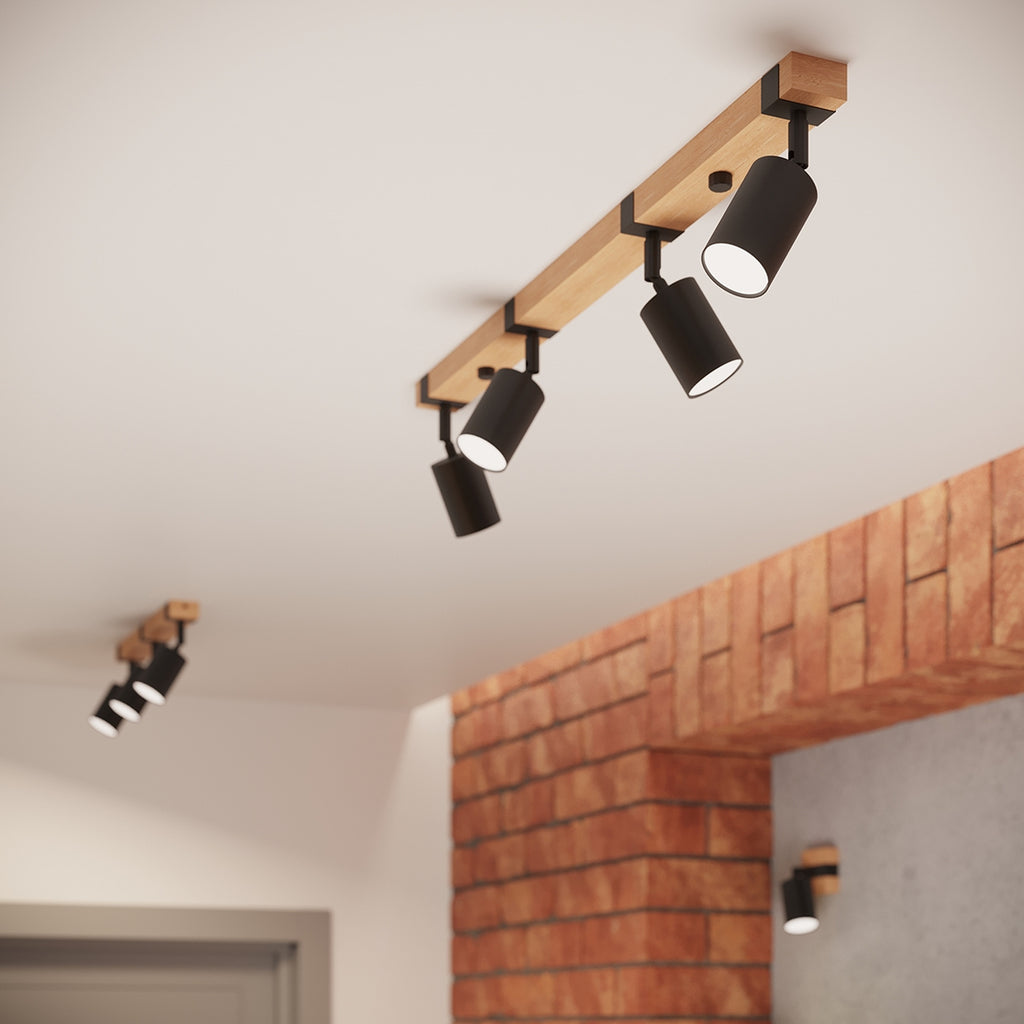 Plafonnier Fager 2 bois et acier noir GU10, ambiance chaleureuse