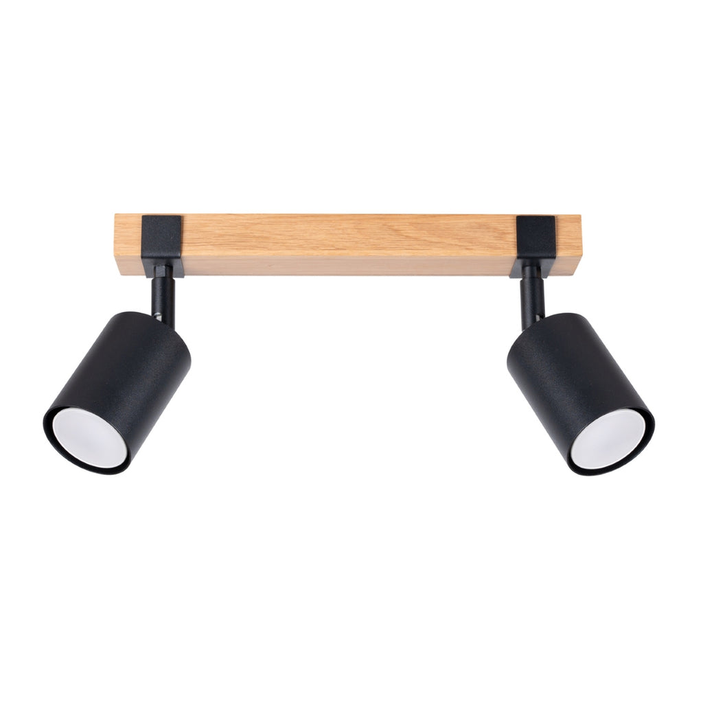 Plafonnier Fager 2 bois et acier noir GU10, 2 spots cylindriques noirs orientables sous une barre en bois de chêne