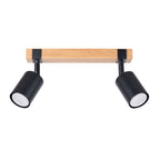 Plafonnier Fager 2 bois et acier noir GU10, 2 spots cylindriques noirs orientables sous une barre en bois de chêne
