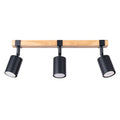Plafonnier Fager 3 bois et acier noir GU10, 3 spots cylindriques noirs orientables sous une barre en bois de chêne