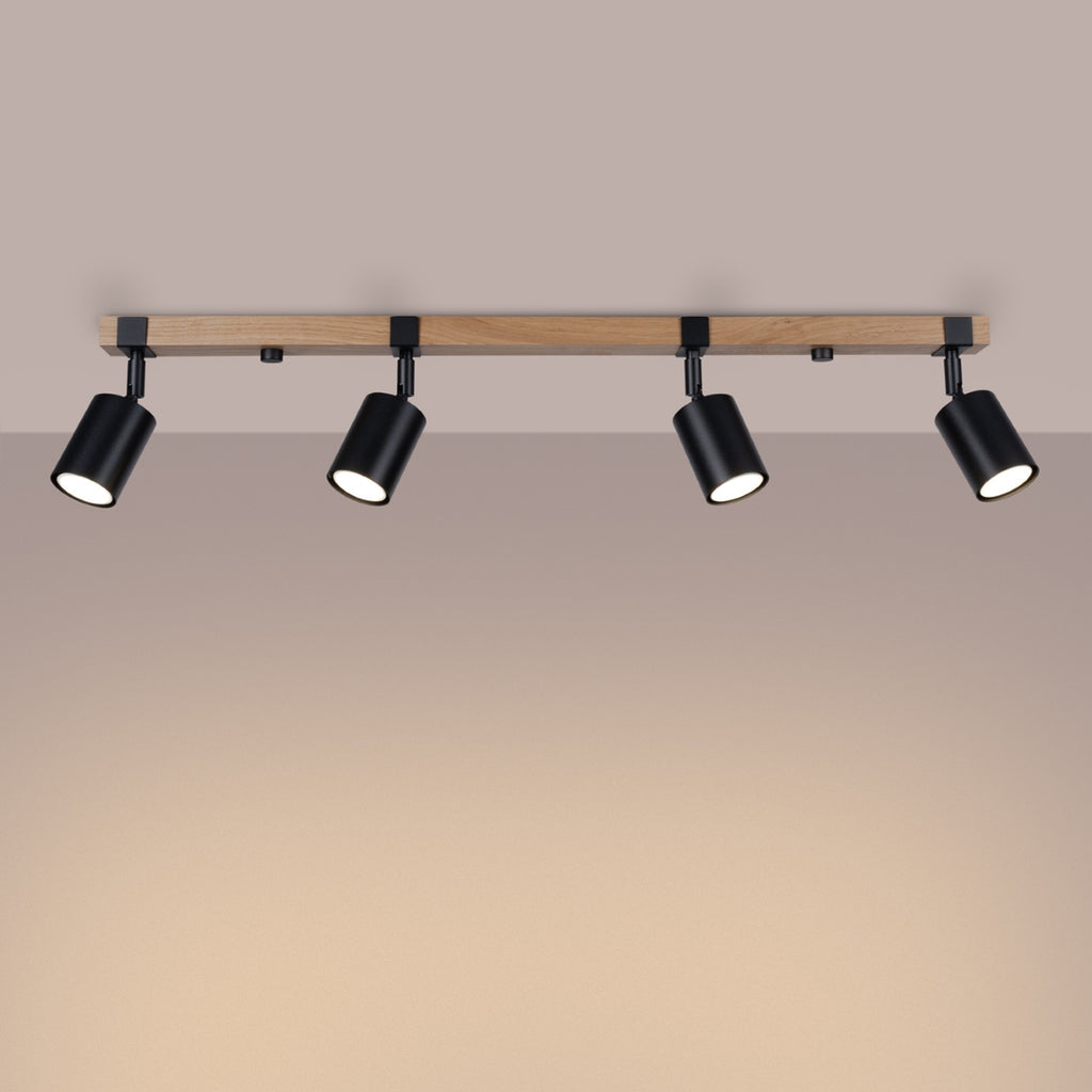 Plafonnier Fager 4 bois et acier noir GU10 allumée, faisceau orientable
