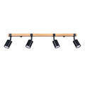 Plafonnier Fager 4 bois et acier noir GU10, 4 spots cylindriques noirs orientables sous une barre en bois de chêne