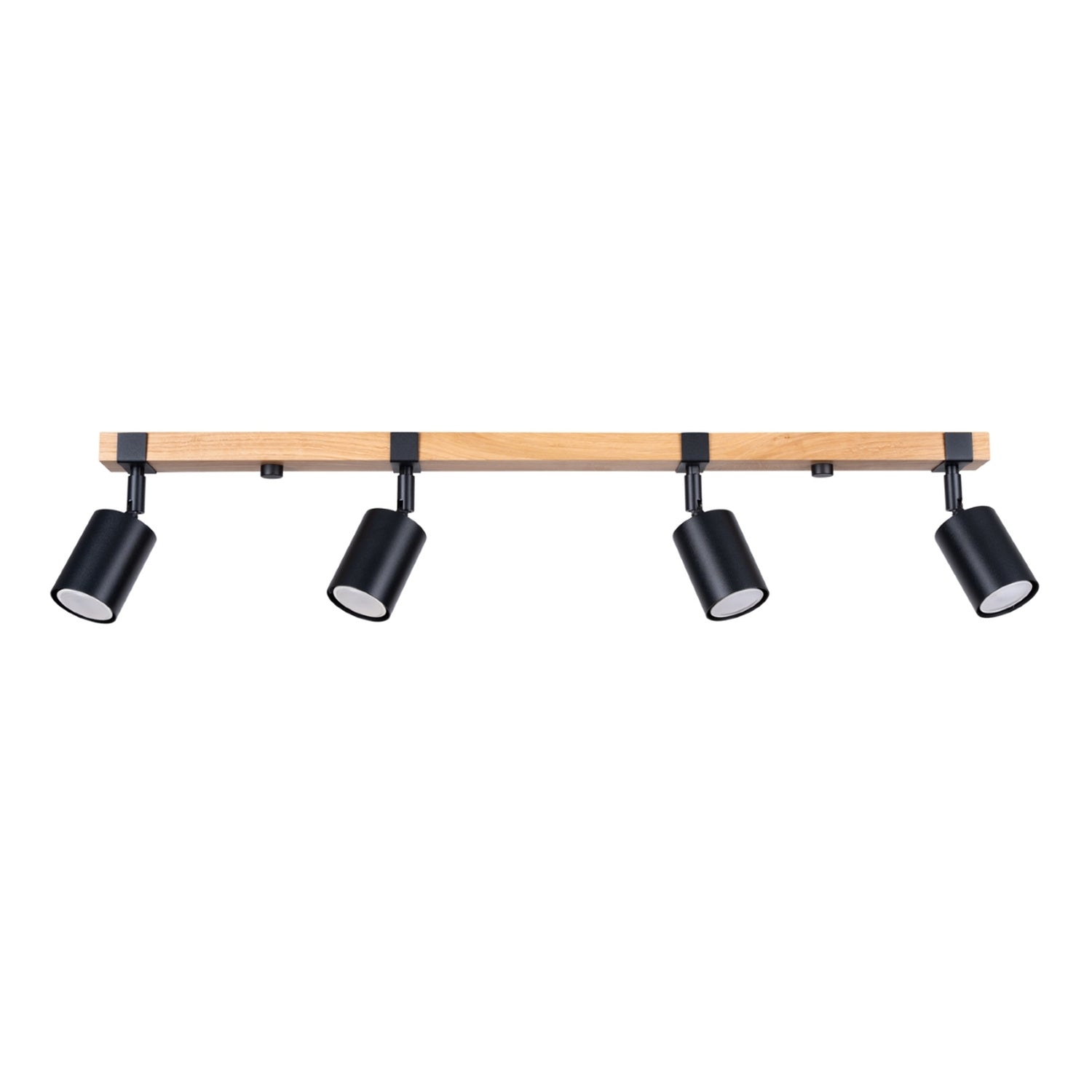 Plafonnier Fager 4 bois et acier noir GU10, 4 spots cylindriques noirs orientables sous une barre en bois de chêne