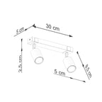 Schéma coté plafonnier Fager barre de 30 cm sur 5 cm et spots de 5 cm de diamètre