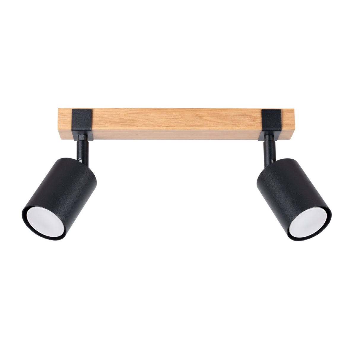 Plafonnier Fager 2 spots barre en bois de chêne et spots cylindriques orientables en acier noir