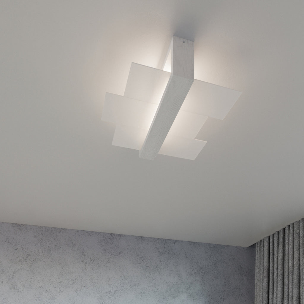 Plafonnier Feniks 2 bois laqué blanc allumé, lumière diffuse
