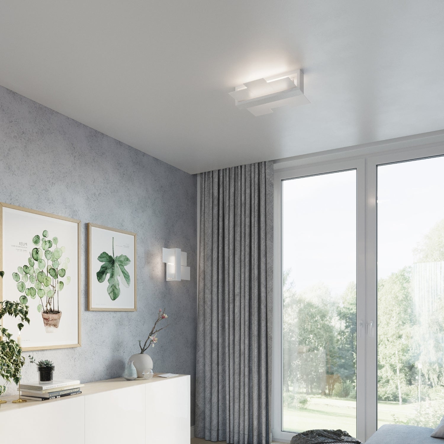 Plafonnier Feniks 2 bois laqué blanc au plafond près d'une fenêtre