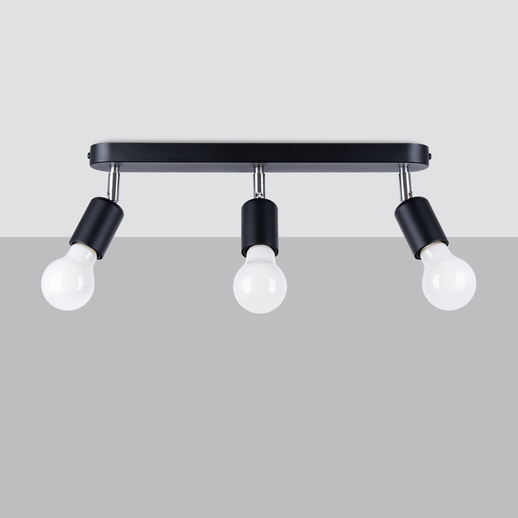 Plafonnier Fornes 3 noir de trois quarts, douilles sur barre
