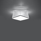 Plafonnier Hexa argent 25 cm allumé au plafond avec son diffuseur blanc éclairé