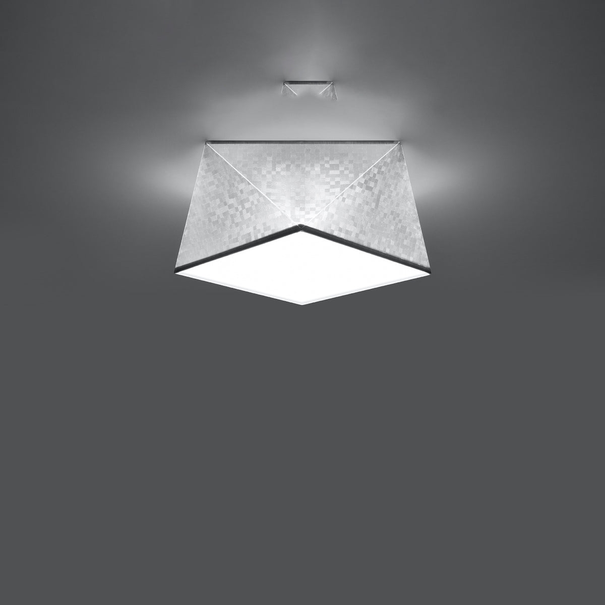 Plafonnier Hexa argent 25 cm allumé au plafond avec son diffuseur blanc éclairé