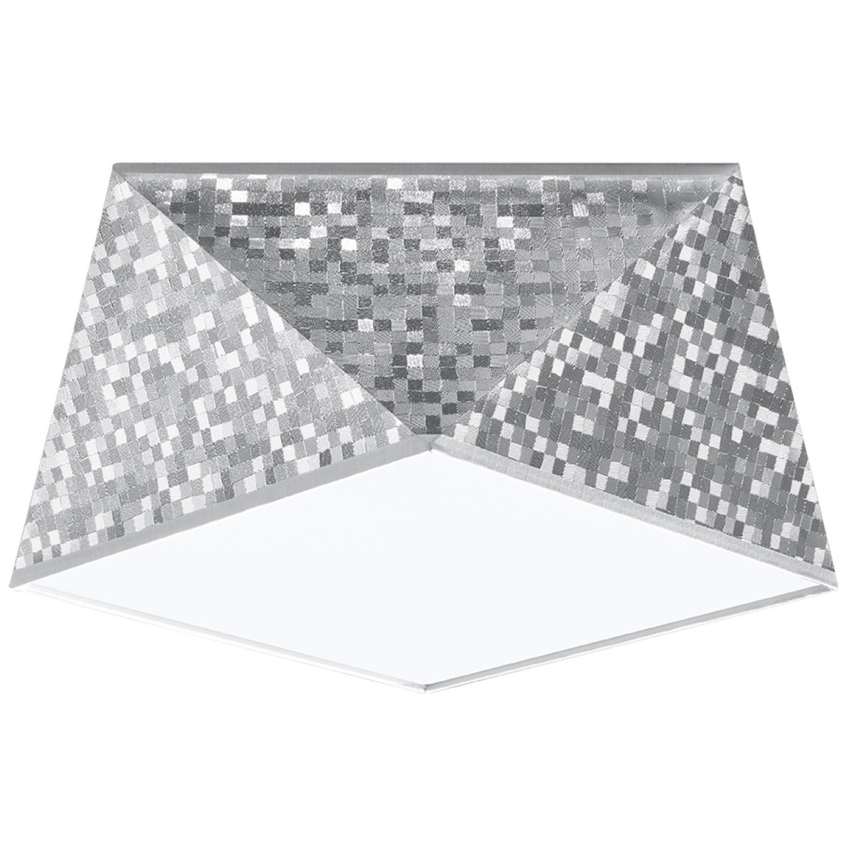 Plafonnier géométrique Hexa argent 25 cm à facettes mosaïque et diffuseur blanc opale