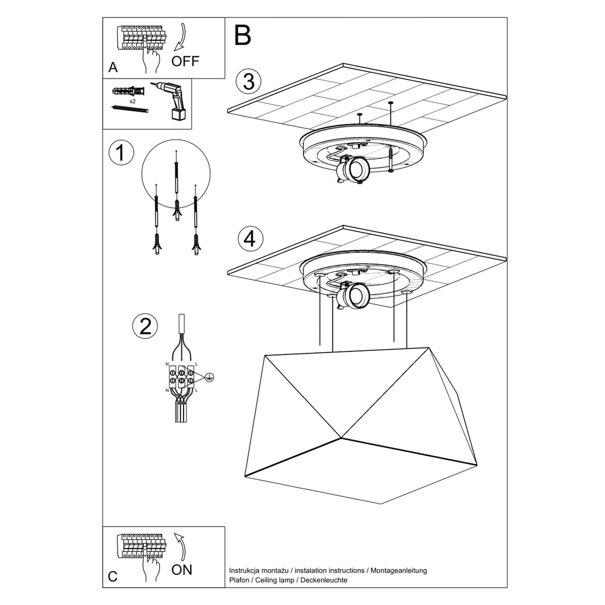 Schéma de montage du plafonnier Hexa 25 cm avec sa platine au plafond et une douille