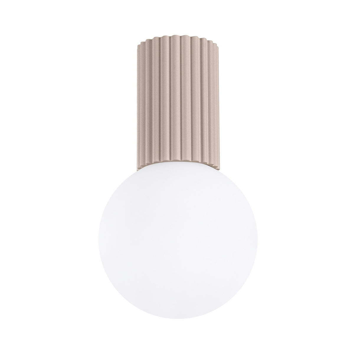 Plafonnier Halo laque taupe vu de face boule de verre opale sous son culot cannelé