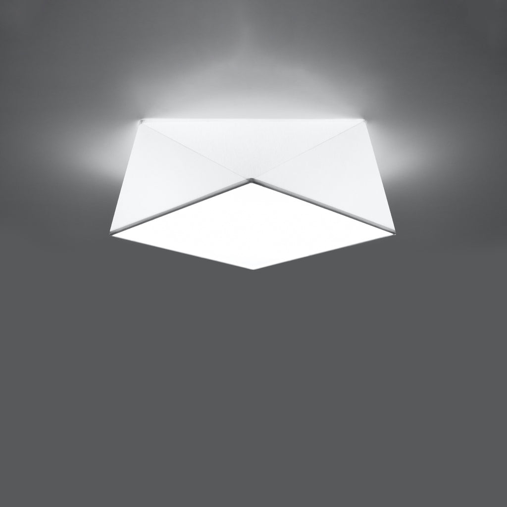 Plafonnier Hexa 35 blanc, forme diamant facetté, vue de dessous et diffuseur