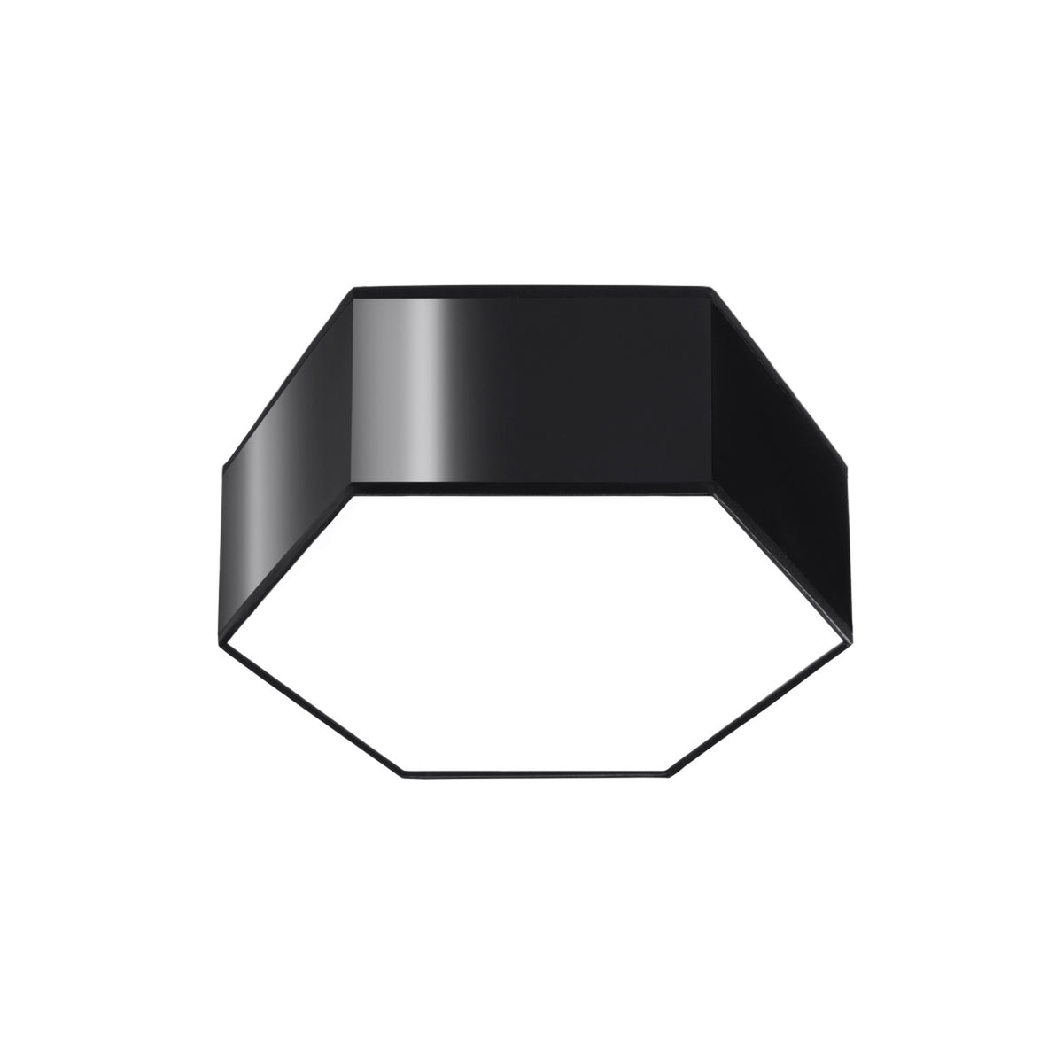 Plafonnier Sunde PVC noir hauteur 115 mm vu par-dessous coque hexagonale et diffuseur opale