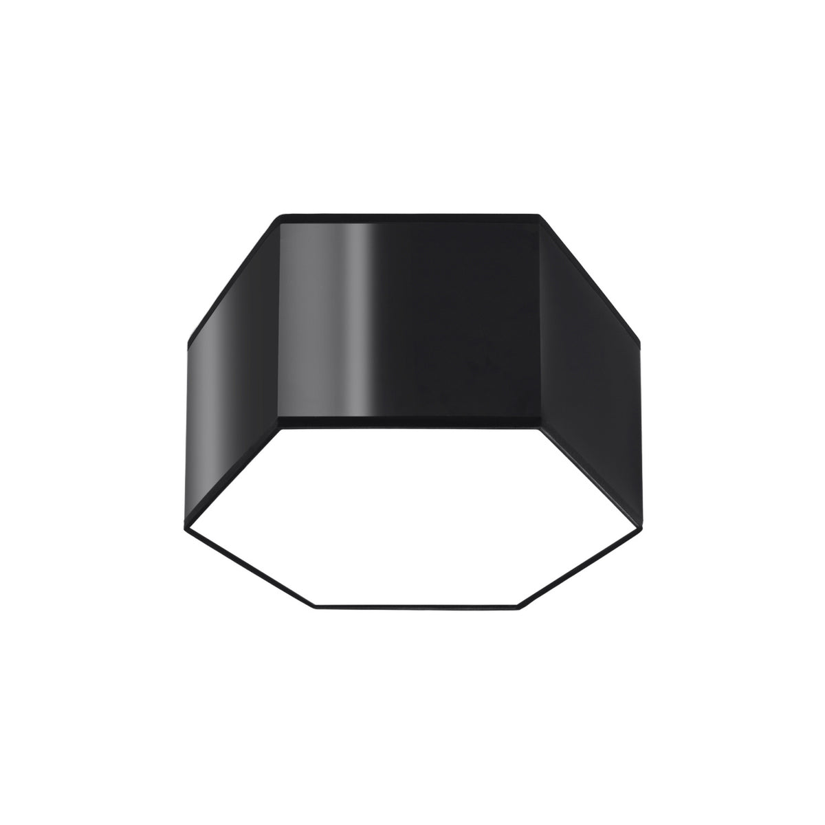 Plafonnier Sunde PVC noir hauteur 155 mm vu par-dessous coque hexagonale et diffuseur opale