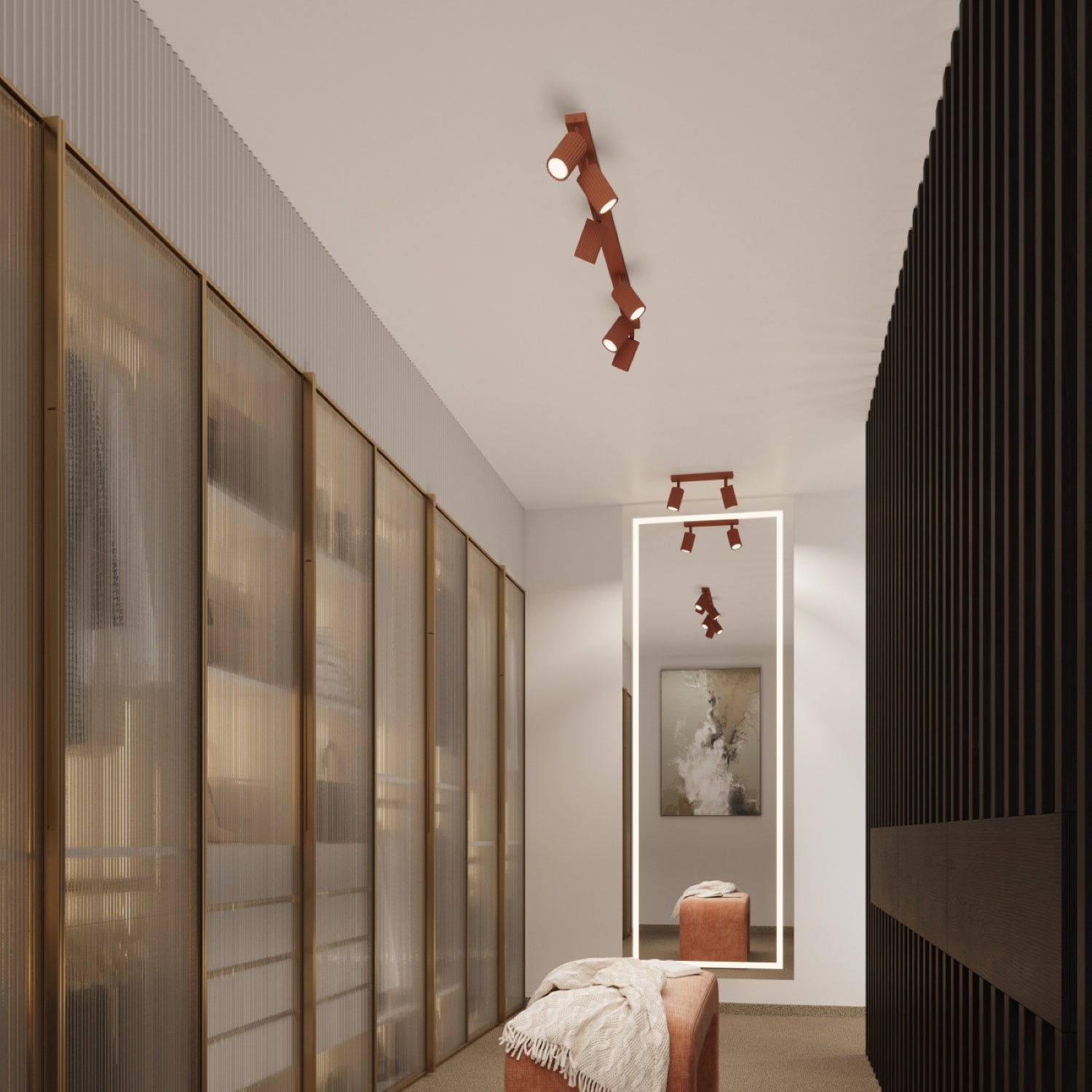Plafonnier Karbon 3 spots rond aluminium ocre rouge en situation