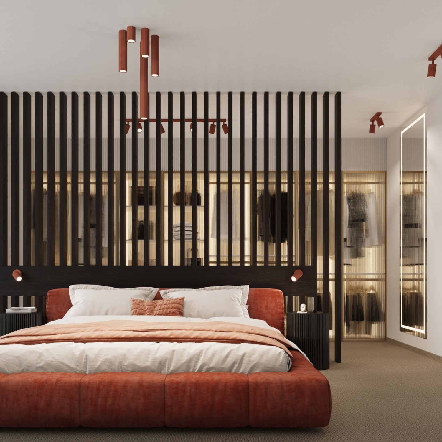 Plafonnier Karbon 3 spots rond aluminium ocre rouge en ambiance