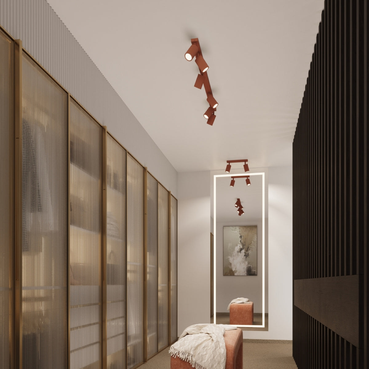Plafonnier Karbon 30 tube cannelé ocre rouge dans un intérieur