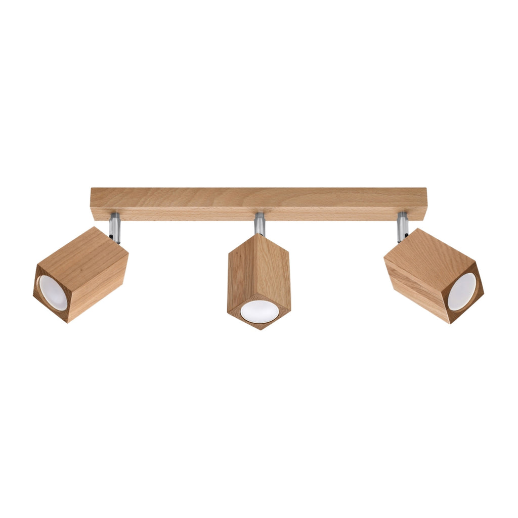 Plafonnier Keke 3 chêne, réglette de chêne et trois spots carrés orientables