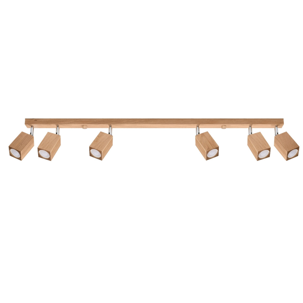 Plafonnier Keke 6 chêne, réglette de chêne et six spots carrés orientables