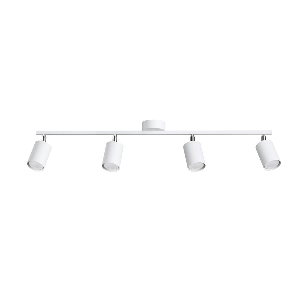 Plafonnier Lemmi 4 acier blanc GU10, 4 spots cylindriques orientables sur une barre d'acier blanc, rotules chromées