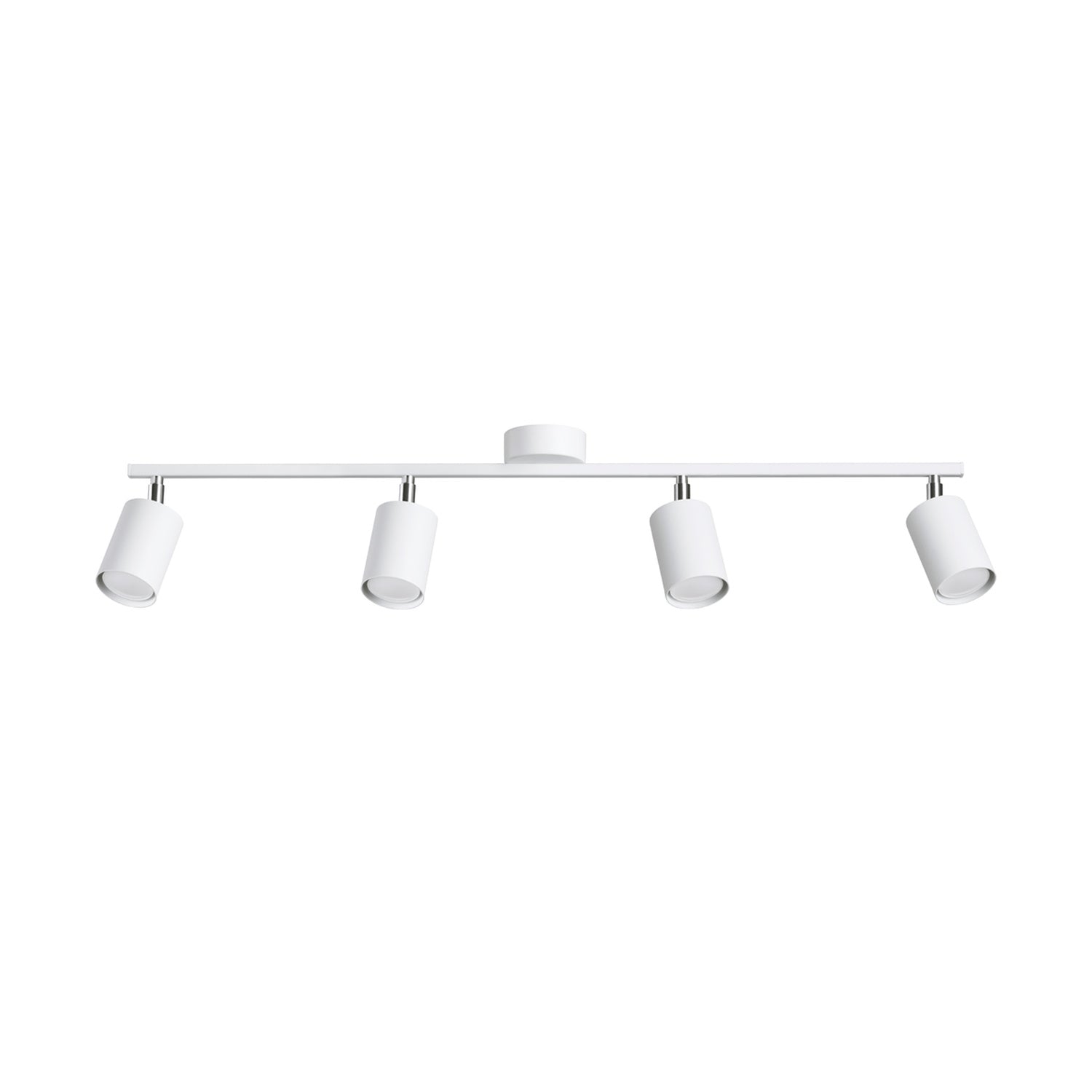 Plafonnier Lemmi 4 acier blanc GU10, 4 spots cylindriques orientables sur une barre d'acier blanc, rotules chromées