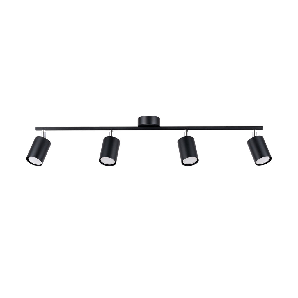 Plafonnier Lemmi 4 acier noir GU10, 4 spots cylindriques orientables sur barre d'acier noir à rotules chromées
