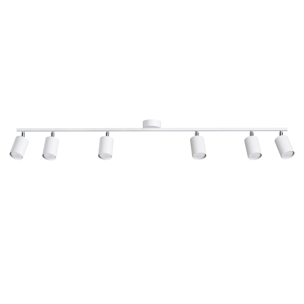 Plafonnier Lemmi 6 acier blanc GU10, 6 spots cylindriques orientables sur une barre d'acier blanc, rotules chromées