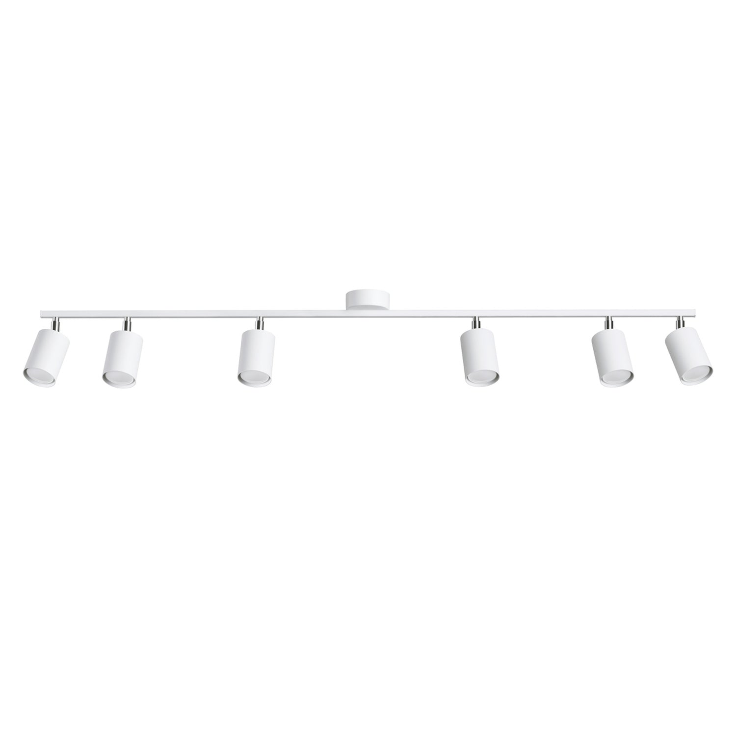 Plafonnier Lemmi 6 acier blanc GU10, 6 spots cylindriques orientables sur une barre d'acier blanc, rotules chromées
