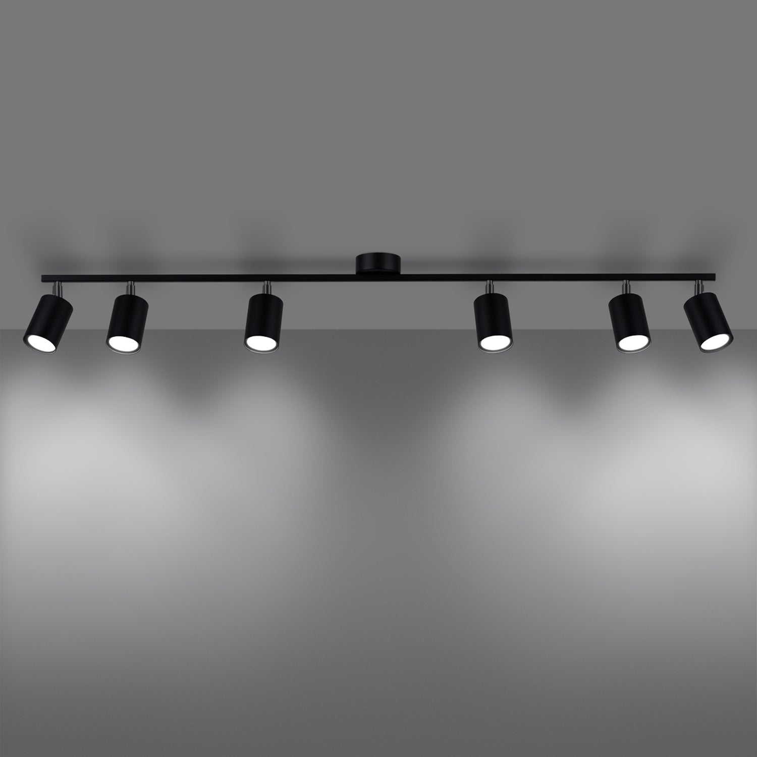 Plafonnier Lemmi 6 acier noir GU10 allumé, spots GU10 orientés