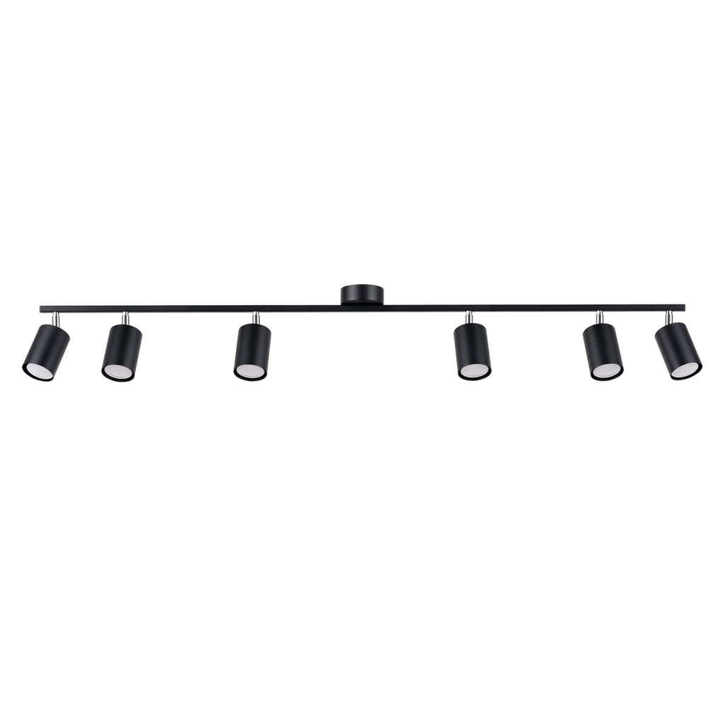 Plafonnier Lemmi 6 acier noir GU10, 6 spots cylindriques orientables sur barre d'acier noir à rotules chromées