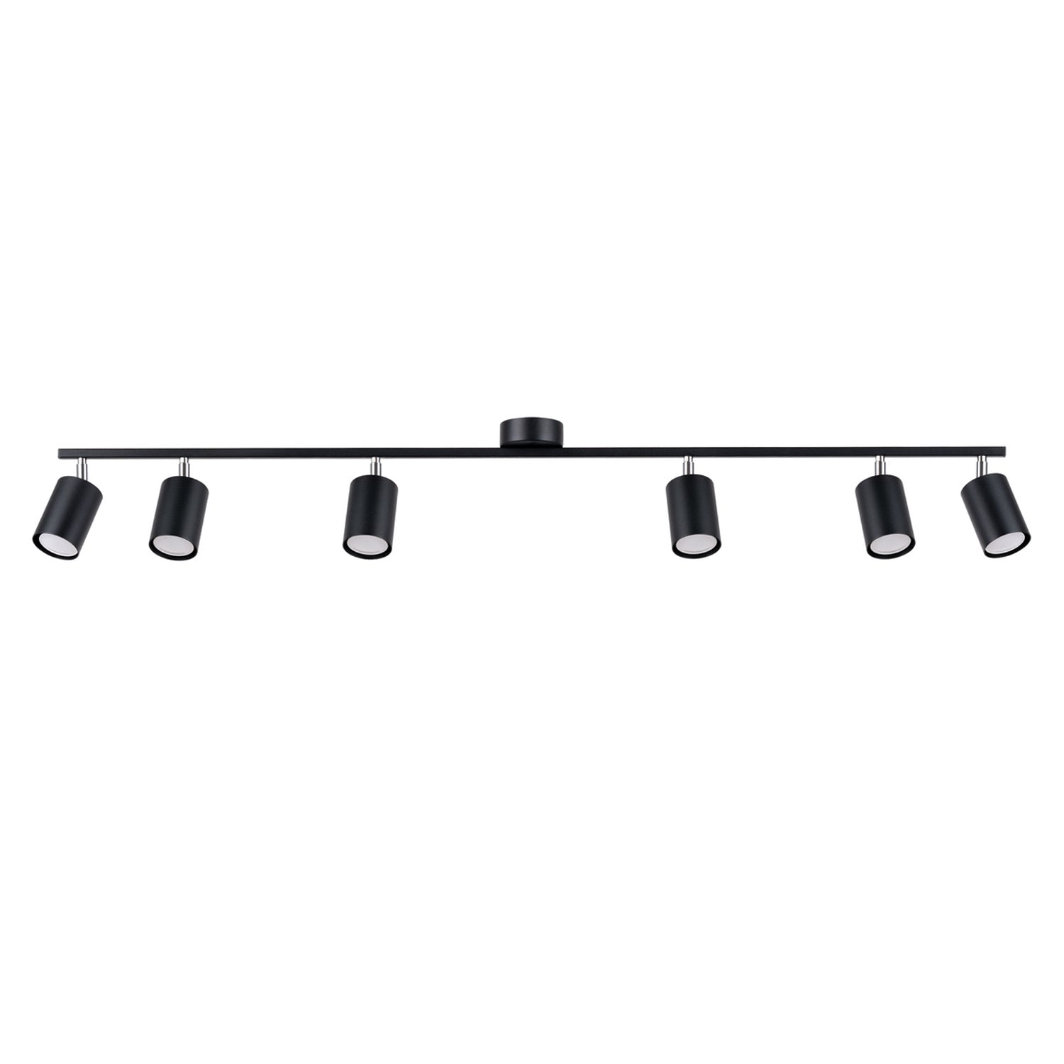 Plafonnier Lemmi 6 acier noir GU10, 6 spots cylindriques orientables sur barre d'acier noir à rotules chromées
