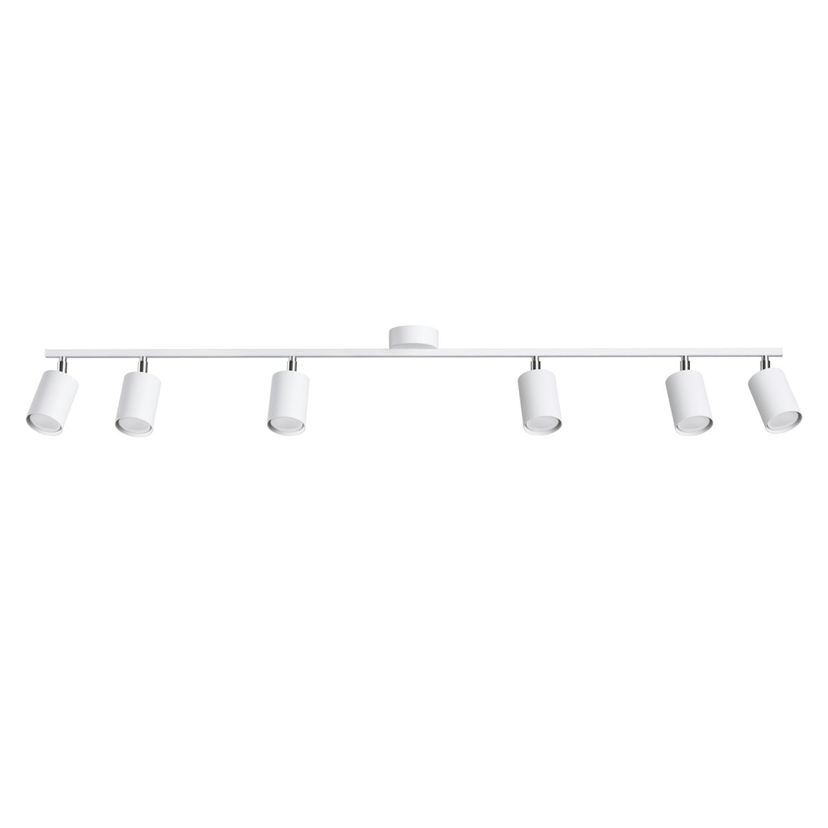 Plafonnier Lemmi Métal blanc six spots cylindriques sous une longue barre avec rosace centrale