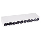 Plafonnier X-Line blanc vu de trois quarts boîtier rectangulaire et rangée de dix réflecteurs