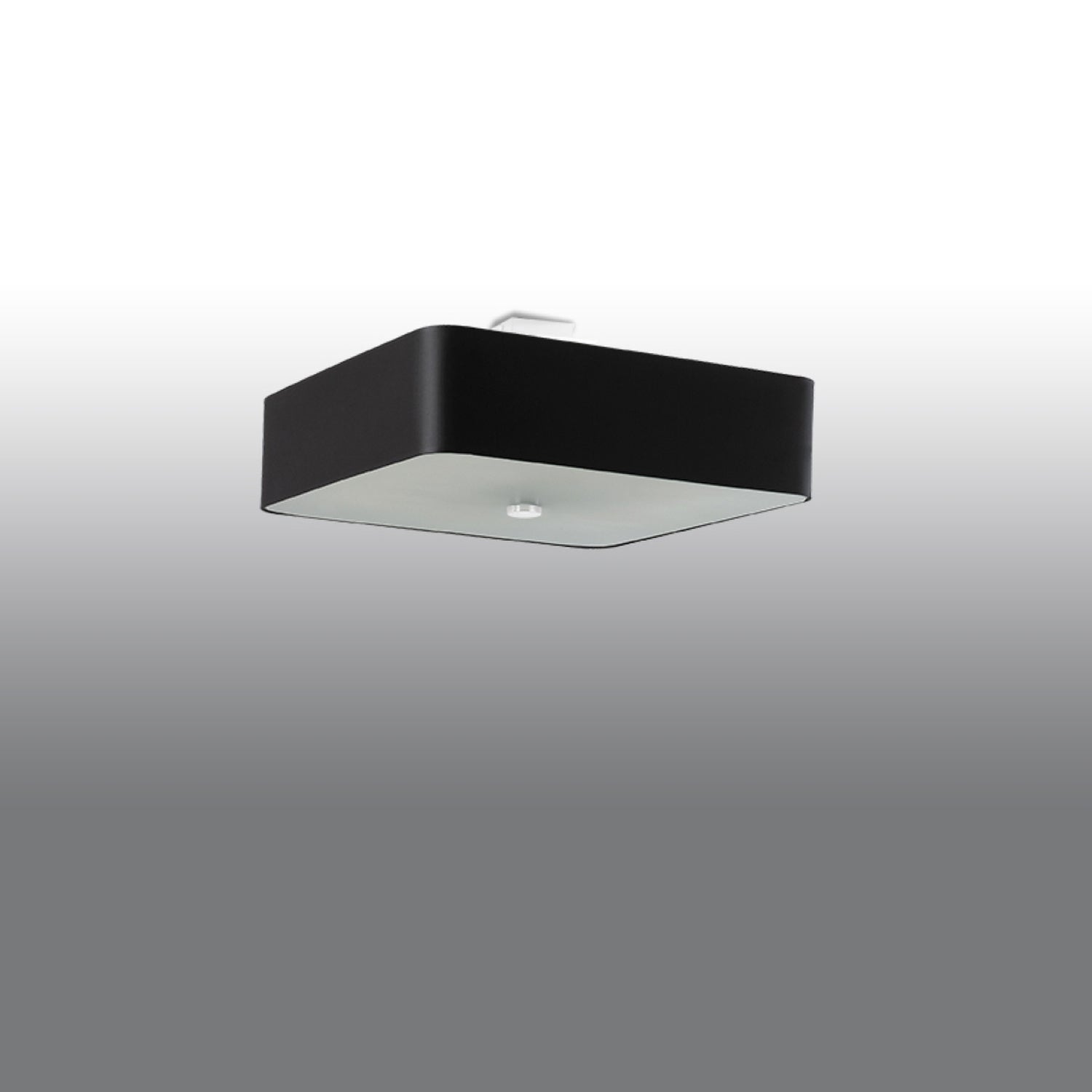 Plafonnier Lokko 55 en tissu noir, vue du diffuseur carré en verre dépoli