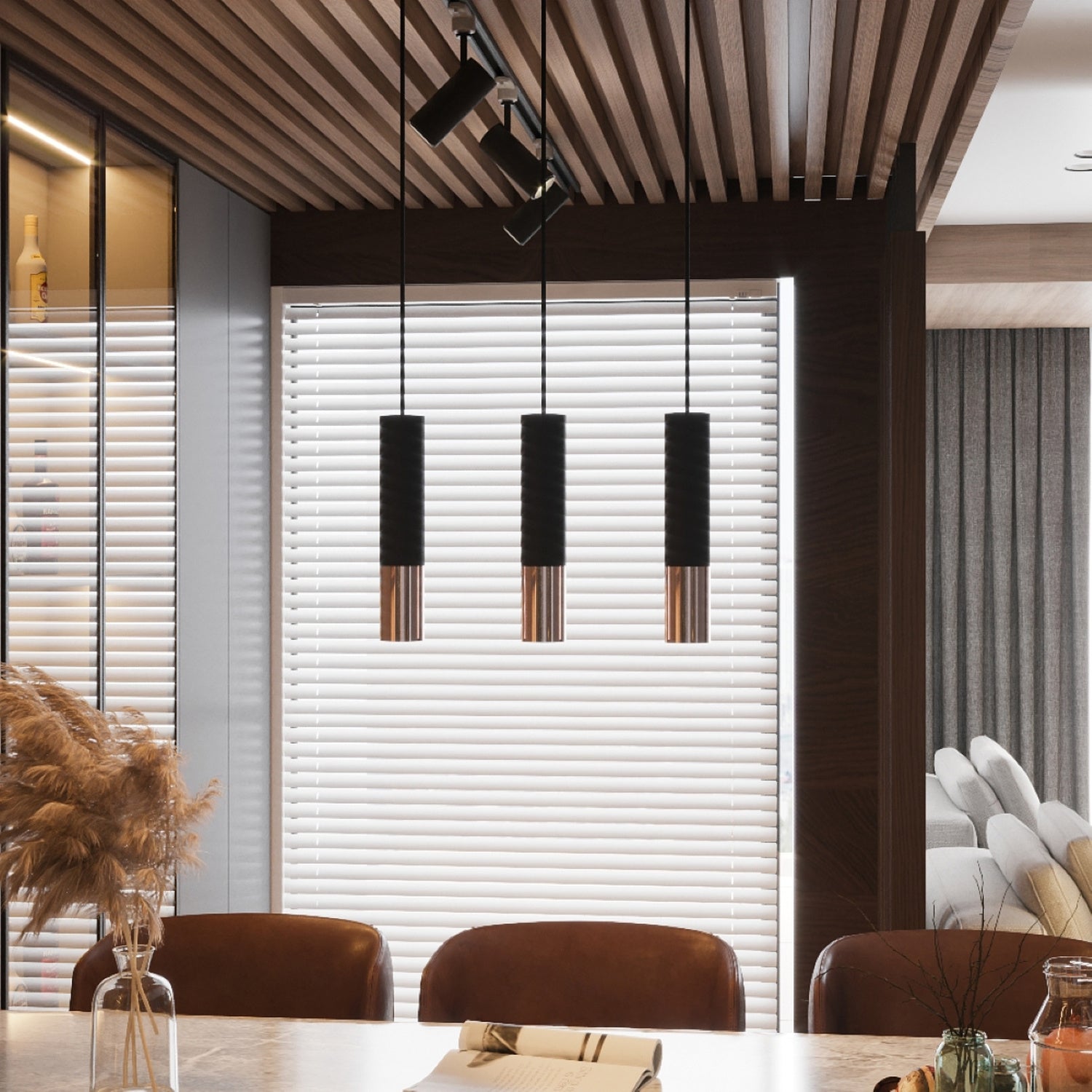 Plafonnier Loopez acier noir et cuivre dans un intérieur contemporain