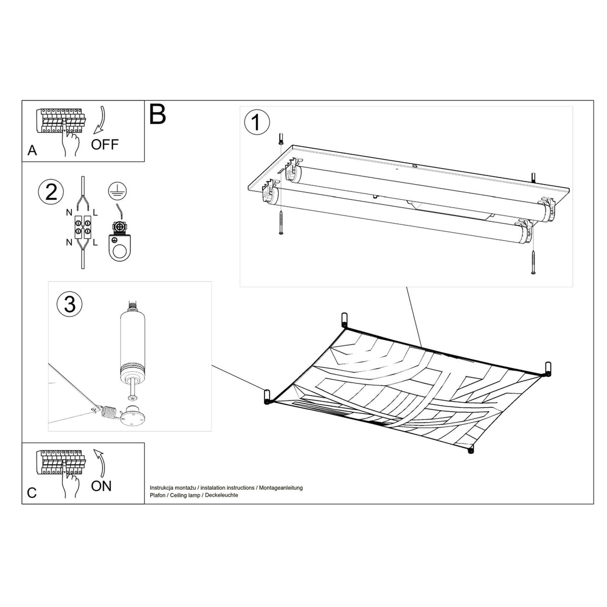 Schéma de montage du plafonnier Luna 1 avec platine à deux tubes raccordement et plots d'angle