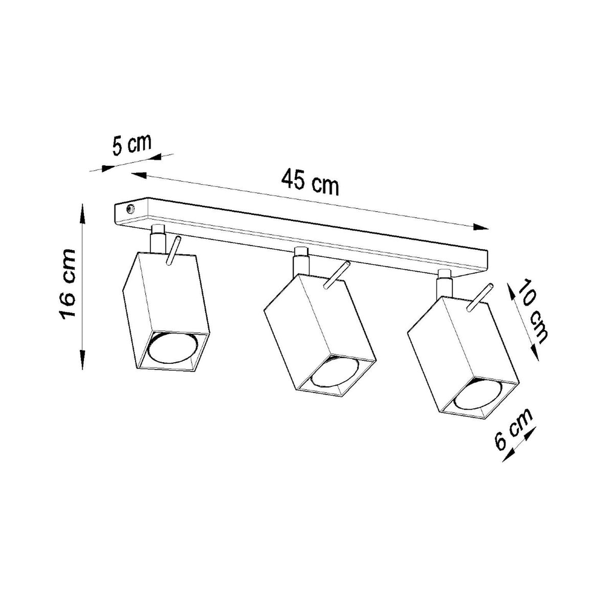 Schéma coté plafonnier Merida 3 spots longueur 45 cm largeur 5 cm hauteur 16 cm têtes de 6 cm sur 10 cm