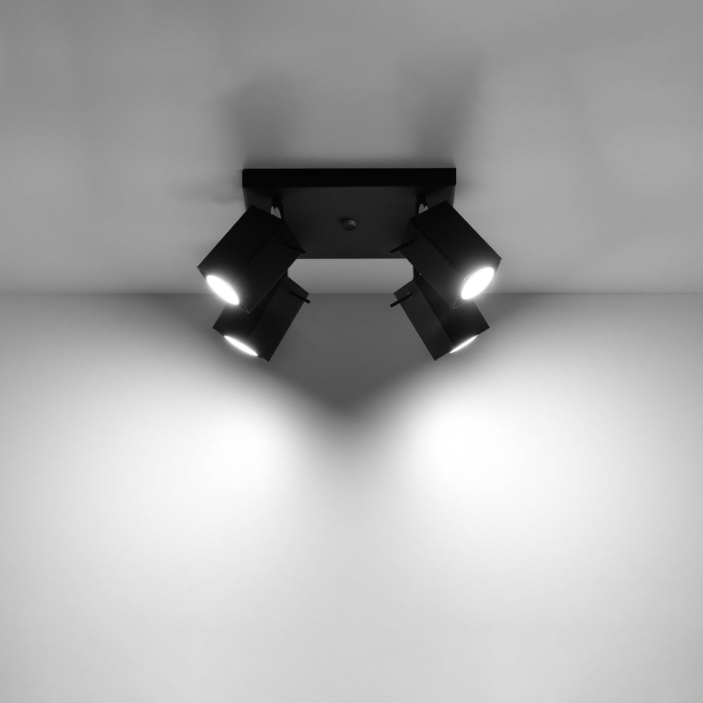 Détail des têtes carrées orientables du plafonnier Merida 4 acier noir, douille GU10